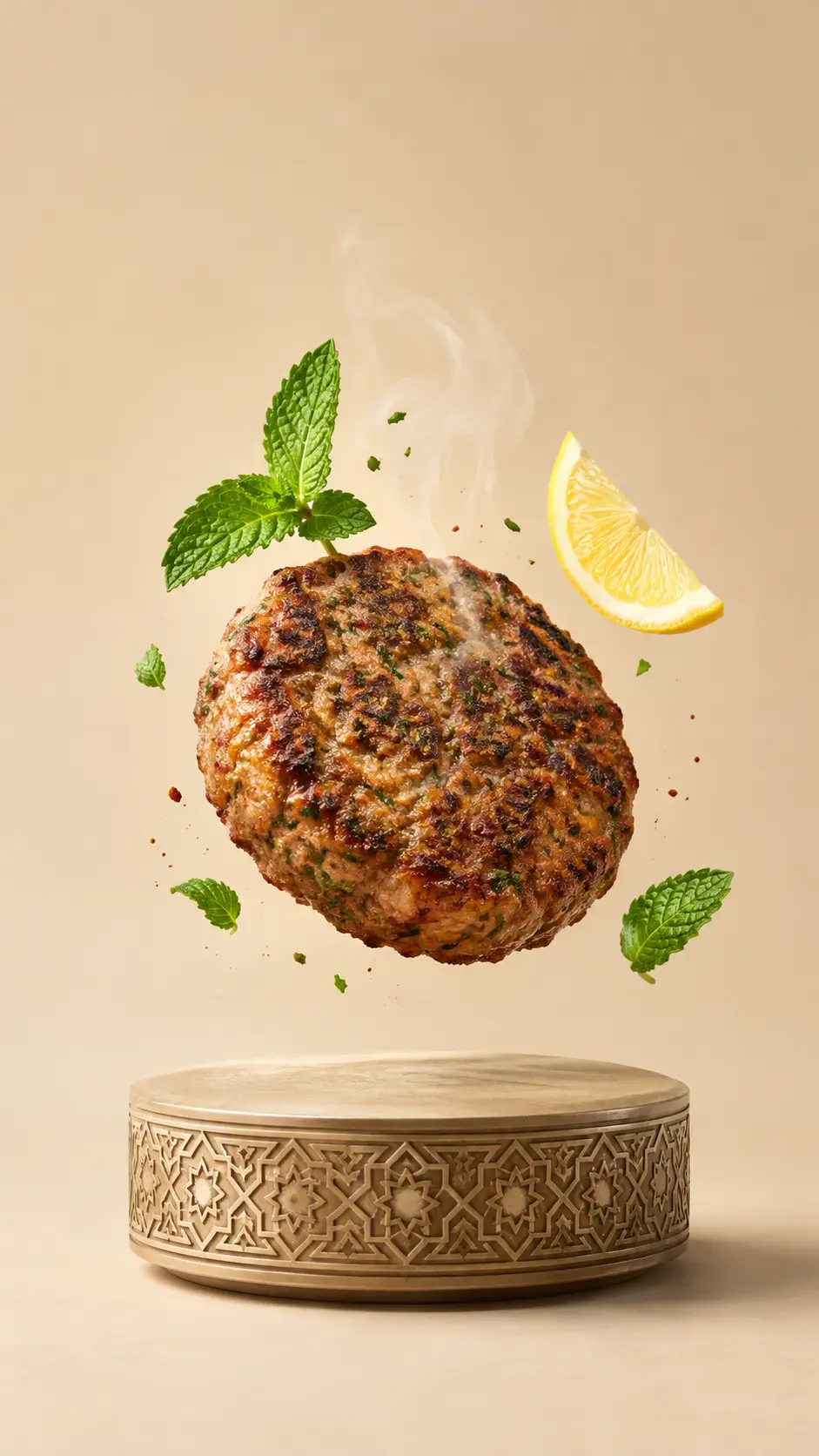 A shami kebab floats above an ornate platform with mint and lemon
