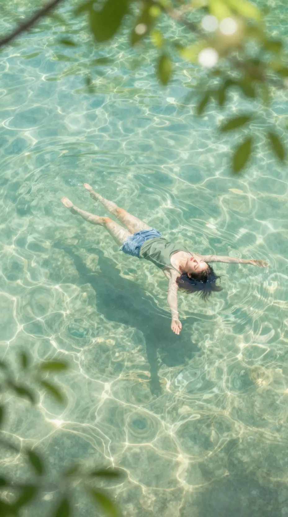 A woman floats on her back in a clear turquoise lake