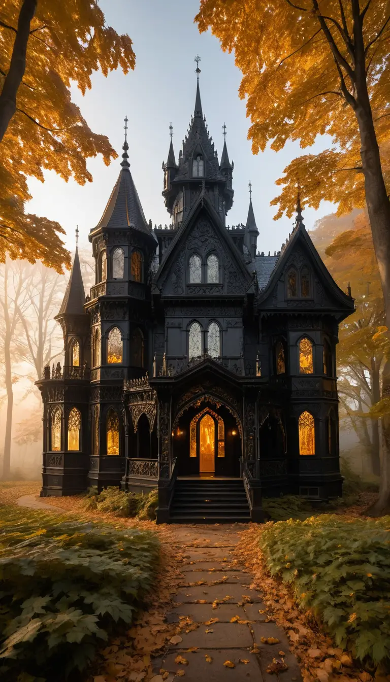 A Gothic castle stands in a golden maple forest at sunrise