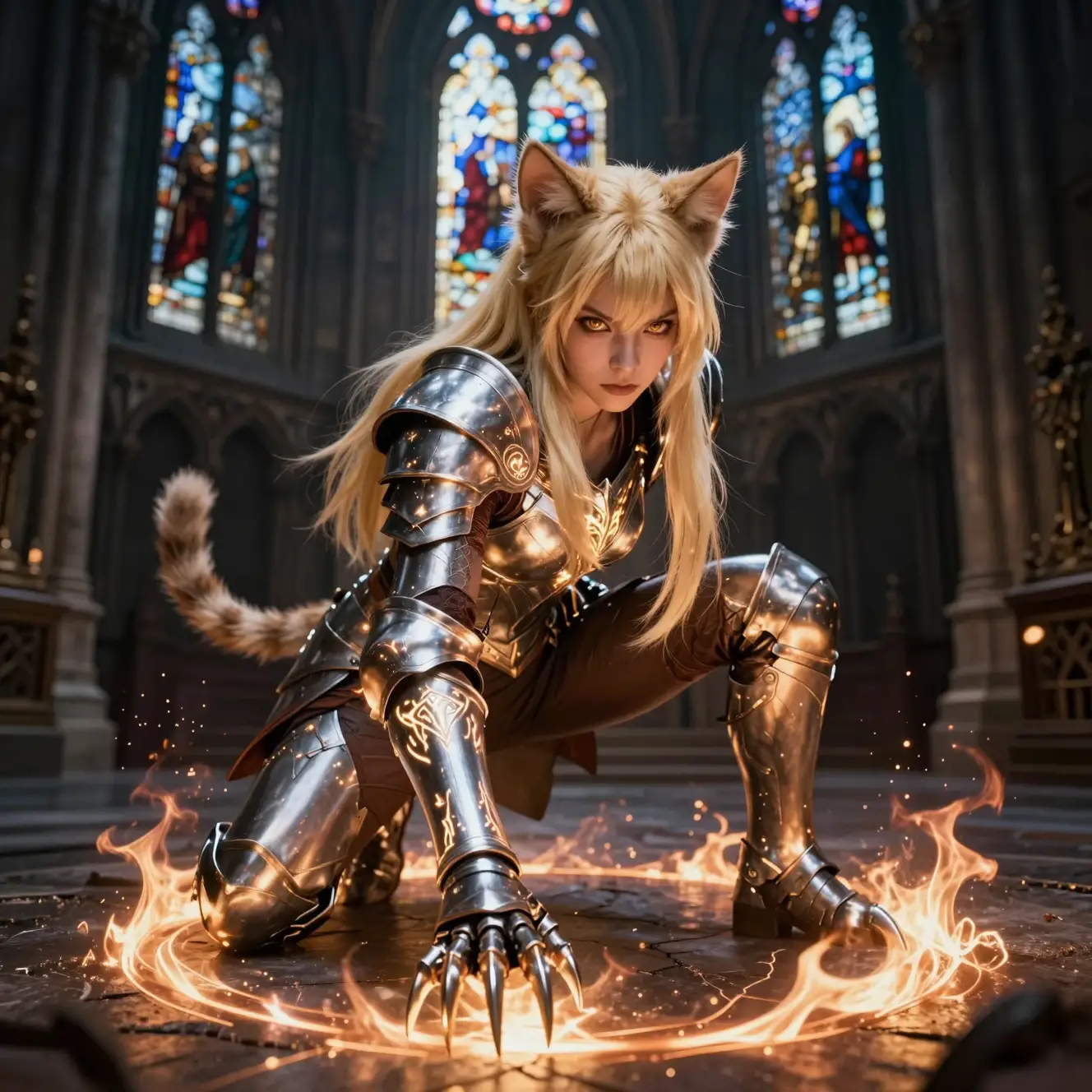 Blonde cat-eared warrior crouches beneath gothic cathedral stained glass
