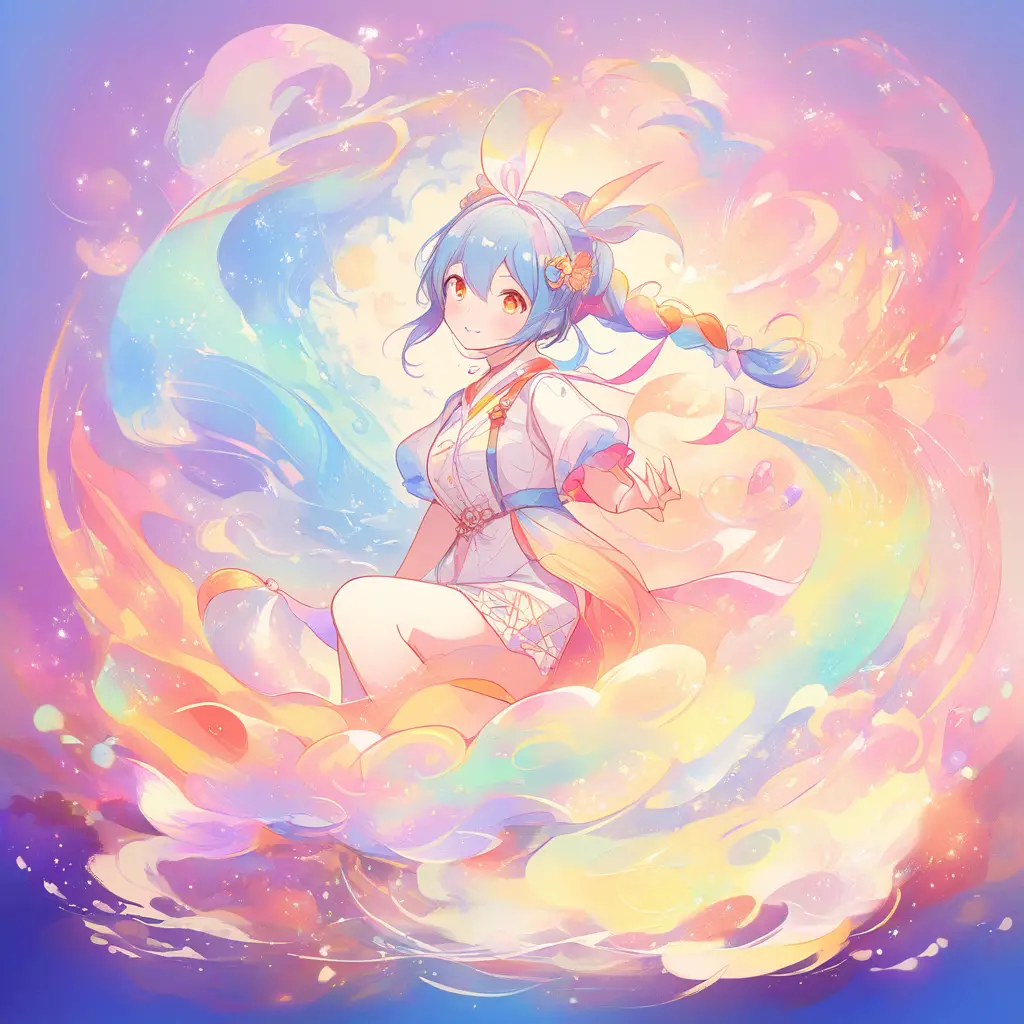 A young woman in Usada Pekora's costume stands in a dreamlike landscape