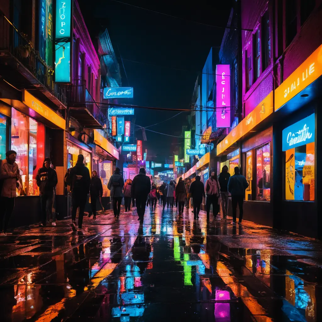 Neon reflections illuminate a bustling city street at night