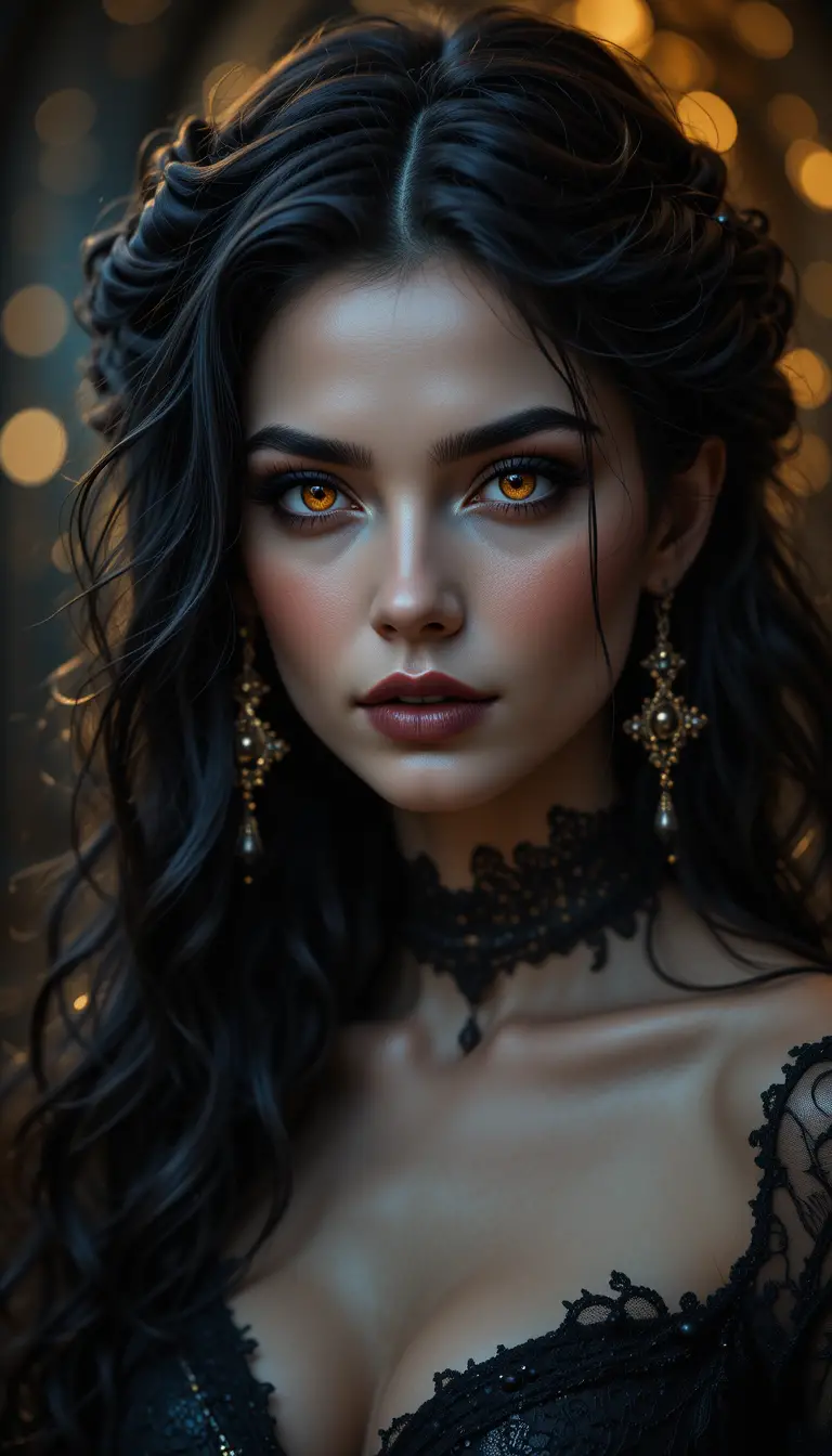 A Dark Fantasy Goddess with Amber Eyes and Flowing Curls