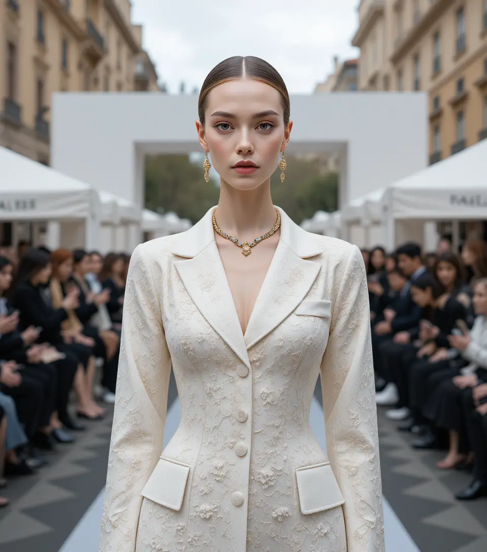A fashion model presents a symmetrical look at an outdoor event