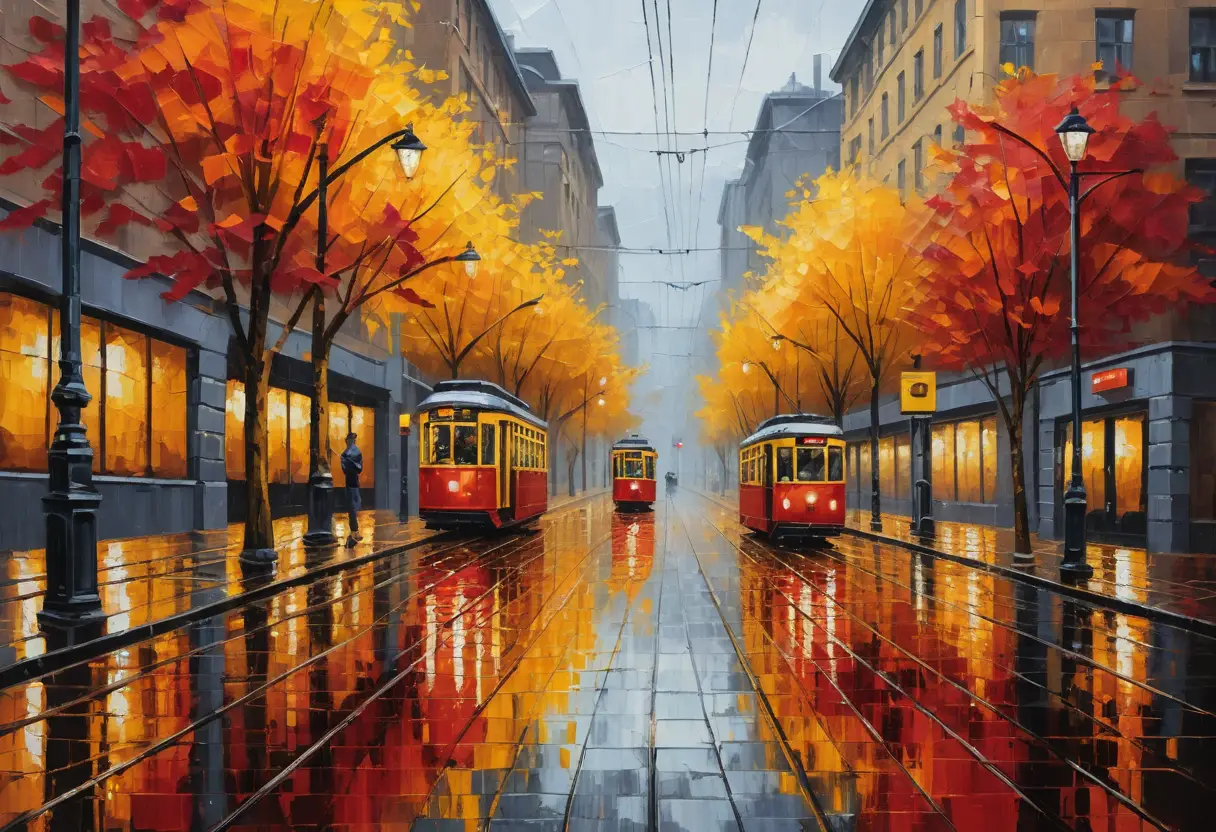 A red tram approaches along a rainy autumn city street