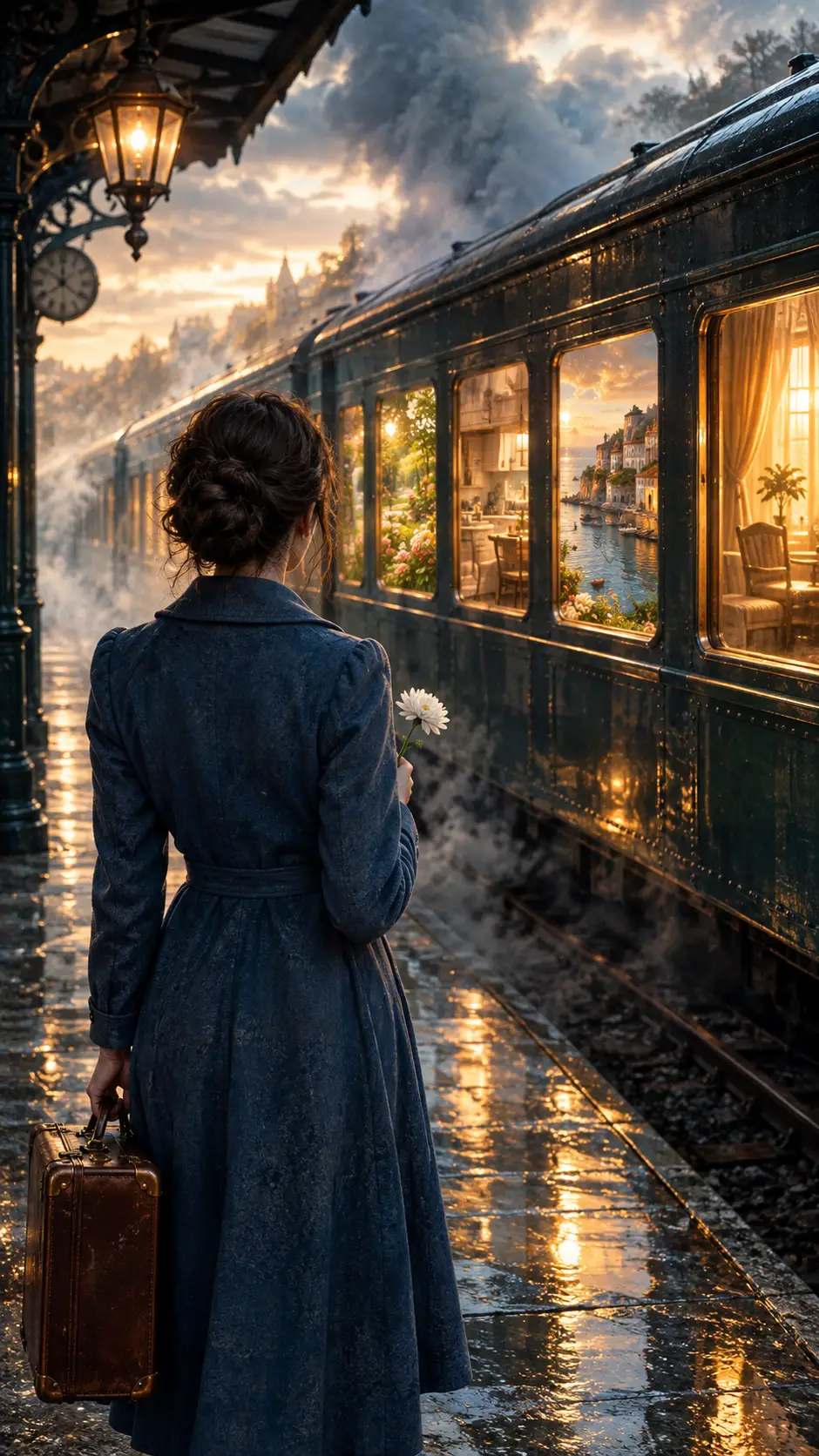 A woman stands on a railway platform holding a suitcase and white flower