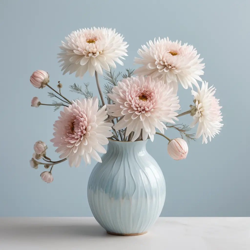 Pastel chrysanthemums bloom in a pearlescent seashell vase