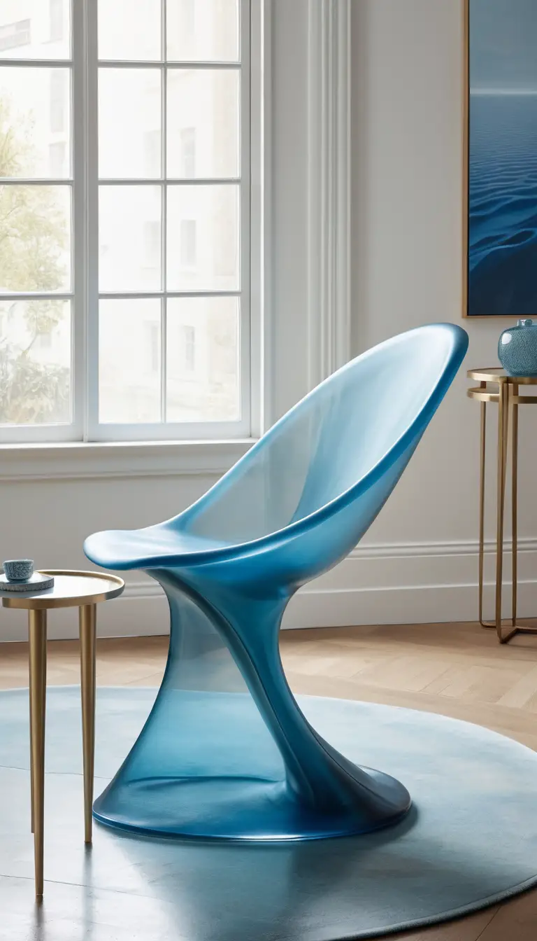 A whale tail shaped glass chair anchors a contemporary interior