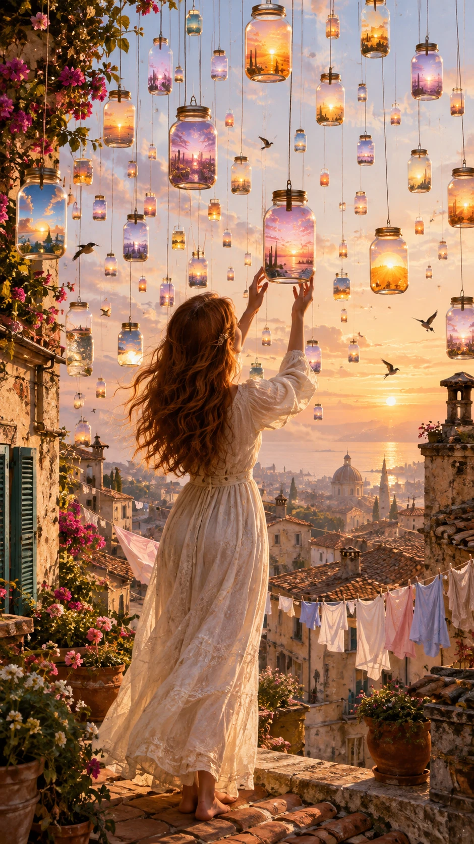 A woman on a Mediterranean rooftop surrounded by jars of sunrise
