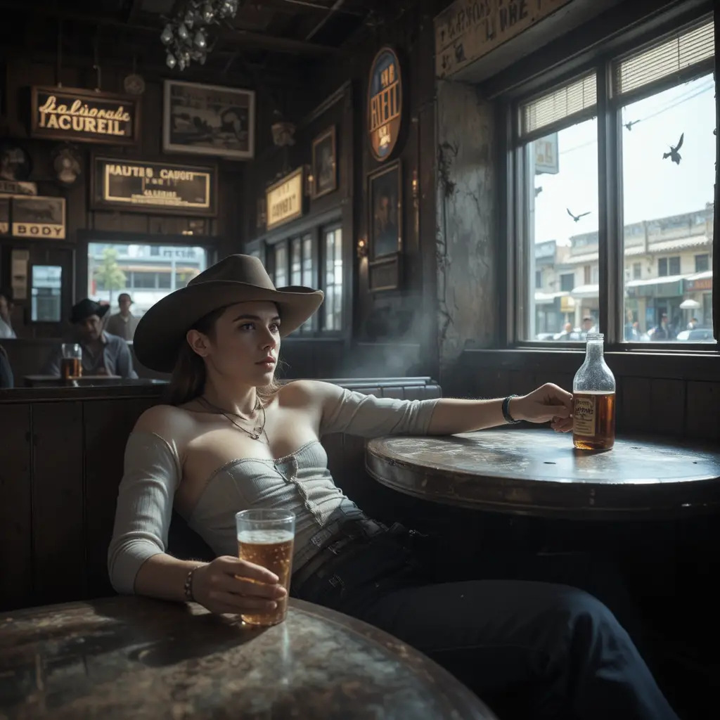 A relaxed figure holds a peso inside an old saloon