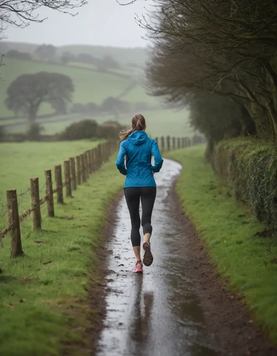 A woman jogging along a countryside path on a rainy day