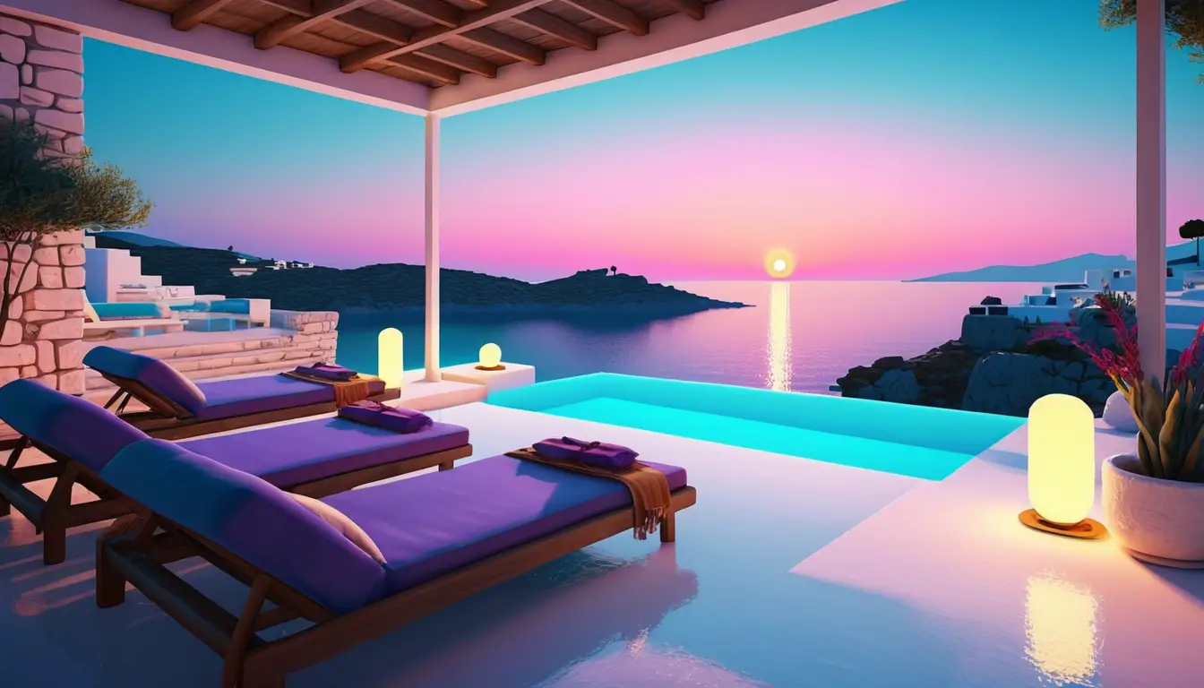 A Greek seaside villa opens onto a stone pool and grotto