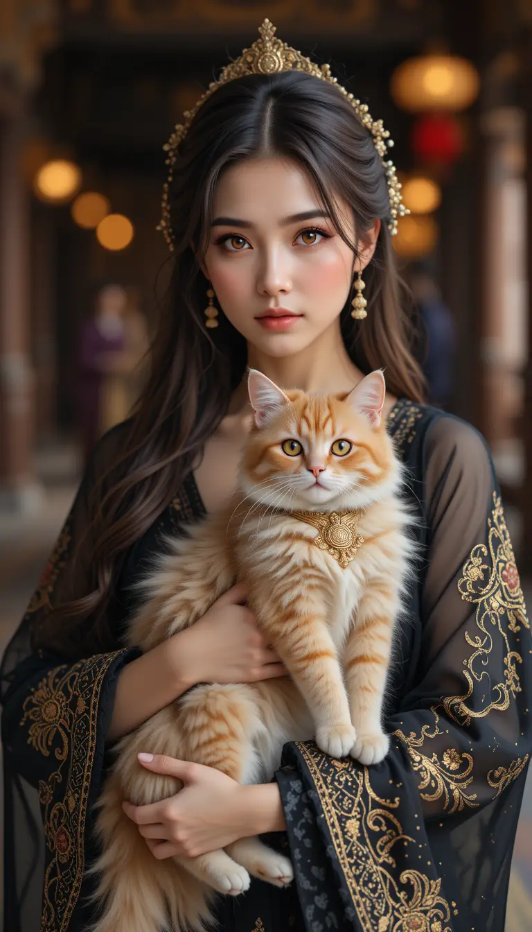 A Persian woman in an embroidered robe stands in a cultural setting