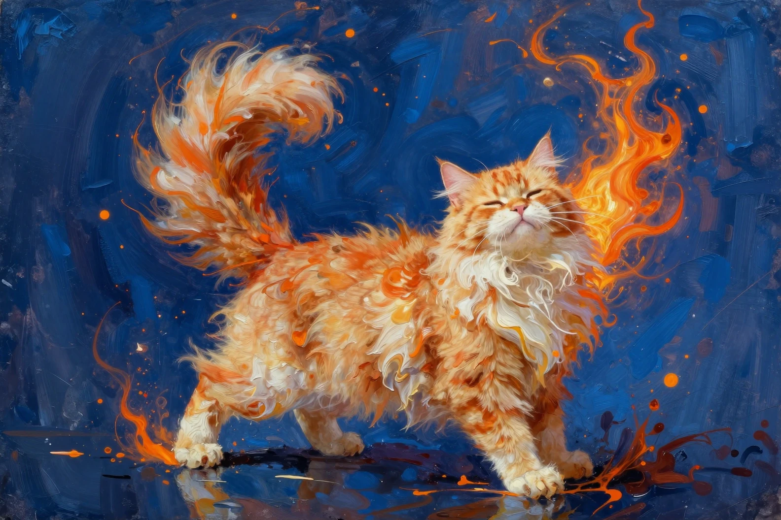 Un chat orange tout doux s'étire devant un fond bleu abstrait éclatant