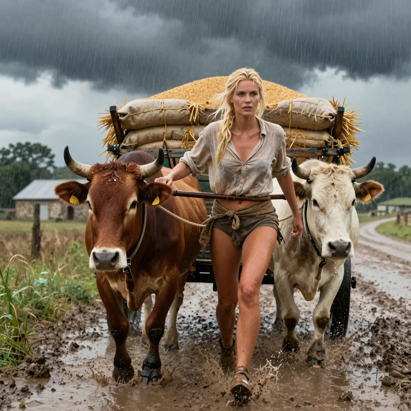 A blonde farm woman drives a grain cart through a rainstorm