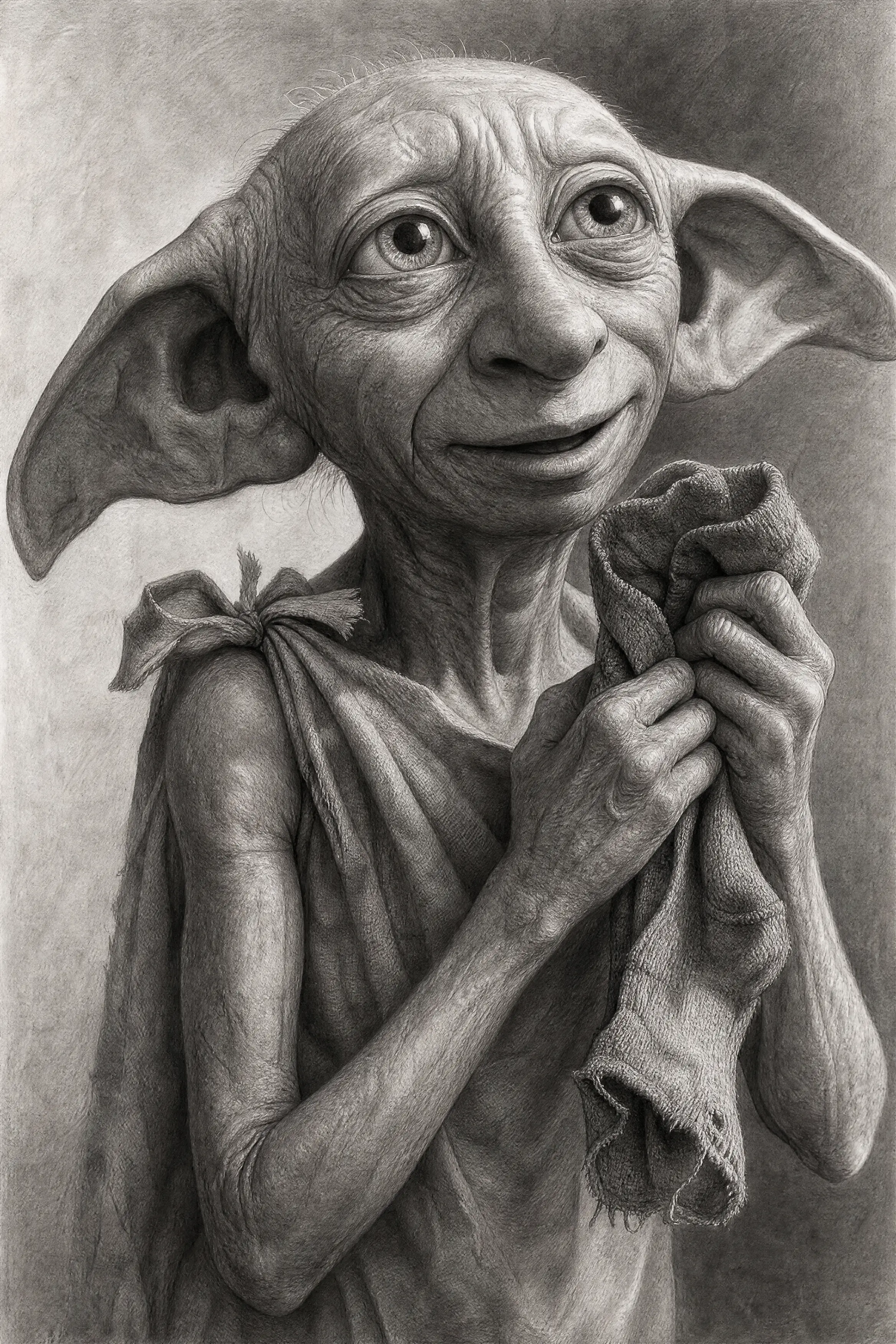A close-up pencil portrait of a joyful house elf holding a worn sock