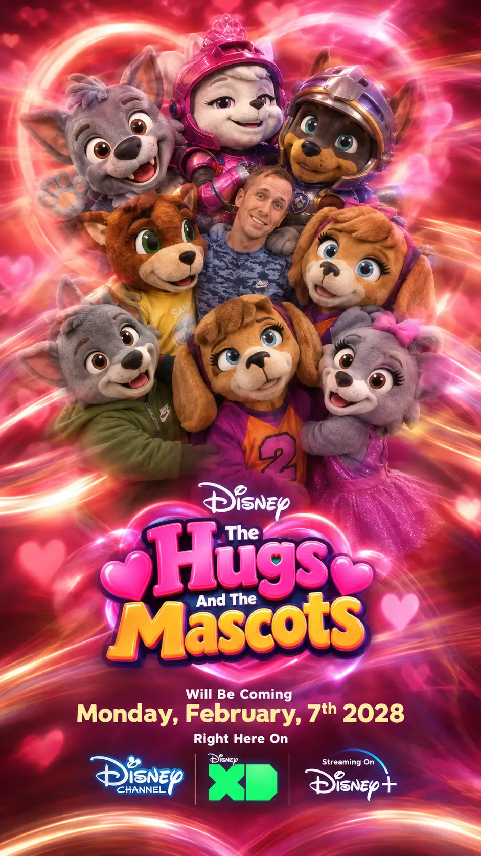 An Adult Man Shares Affectionate Moments With Nine Mascots