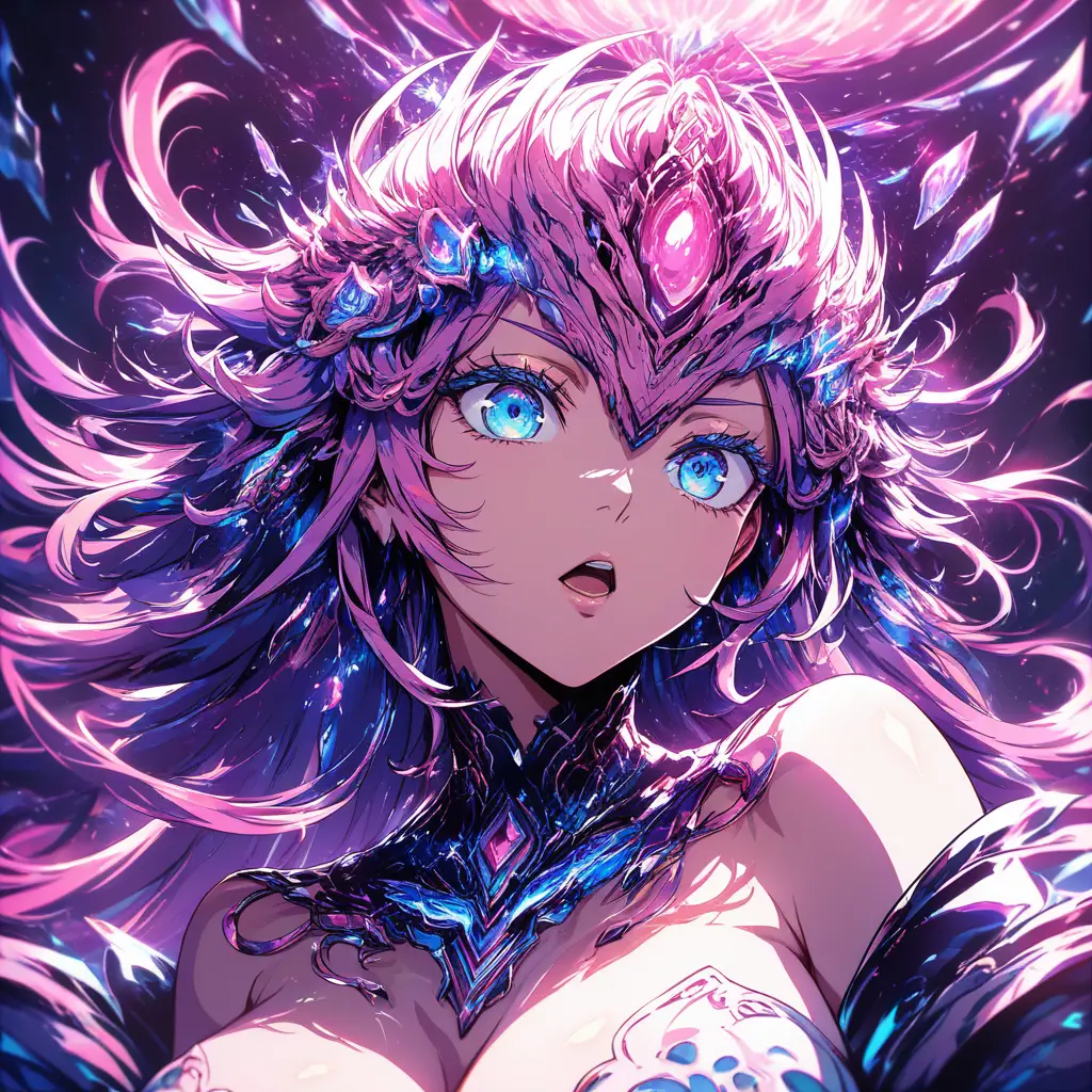 An anime woman with blue eyes and long hair in close-up