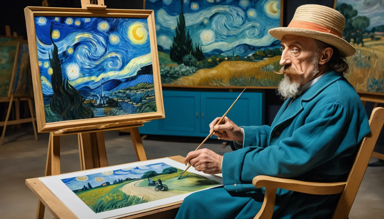 Painters create portraits in an open-air studio across a dreamlike landscape