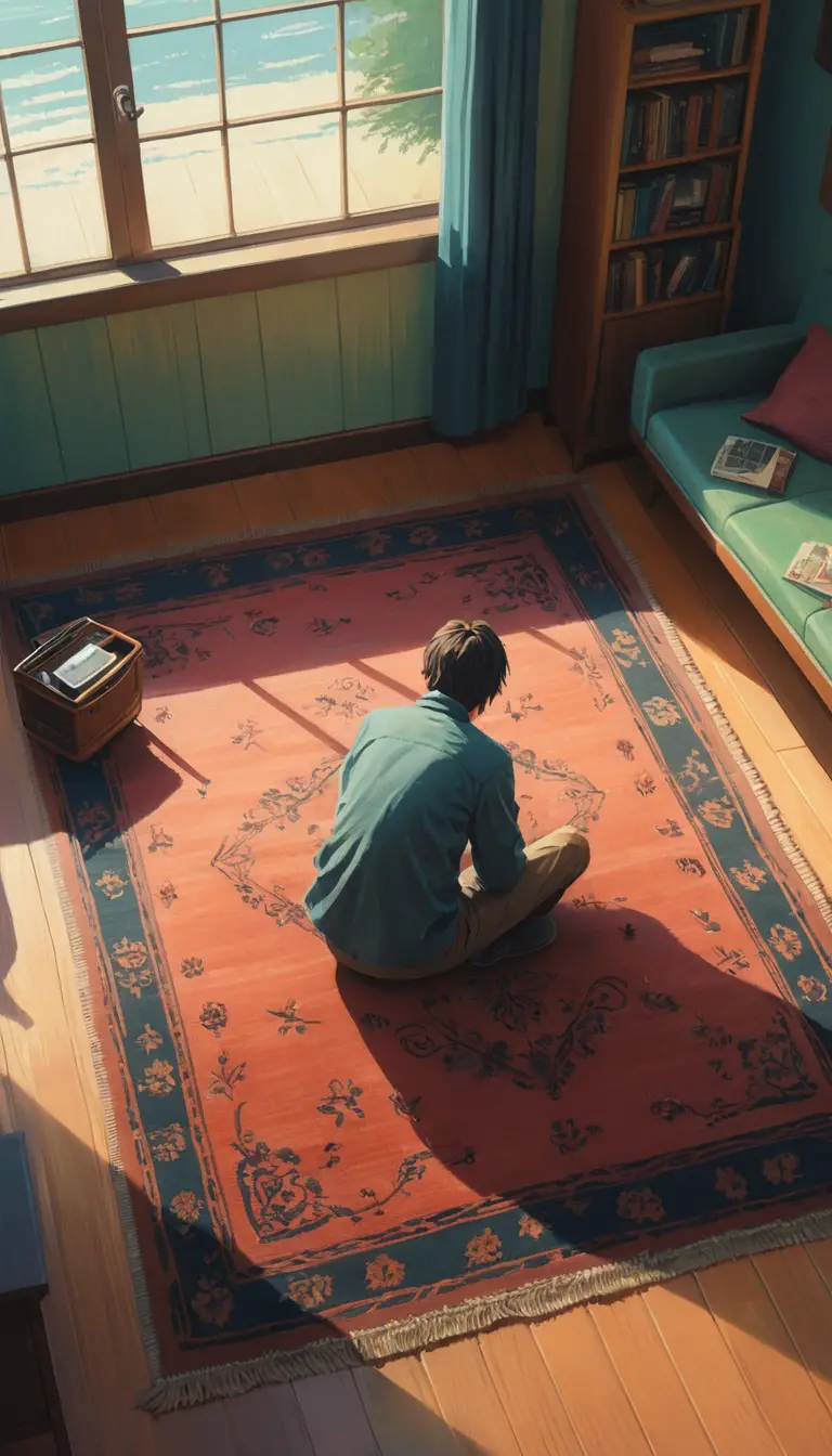 A young man reclines on a Persian rug in a cozy living room