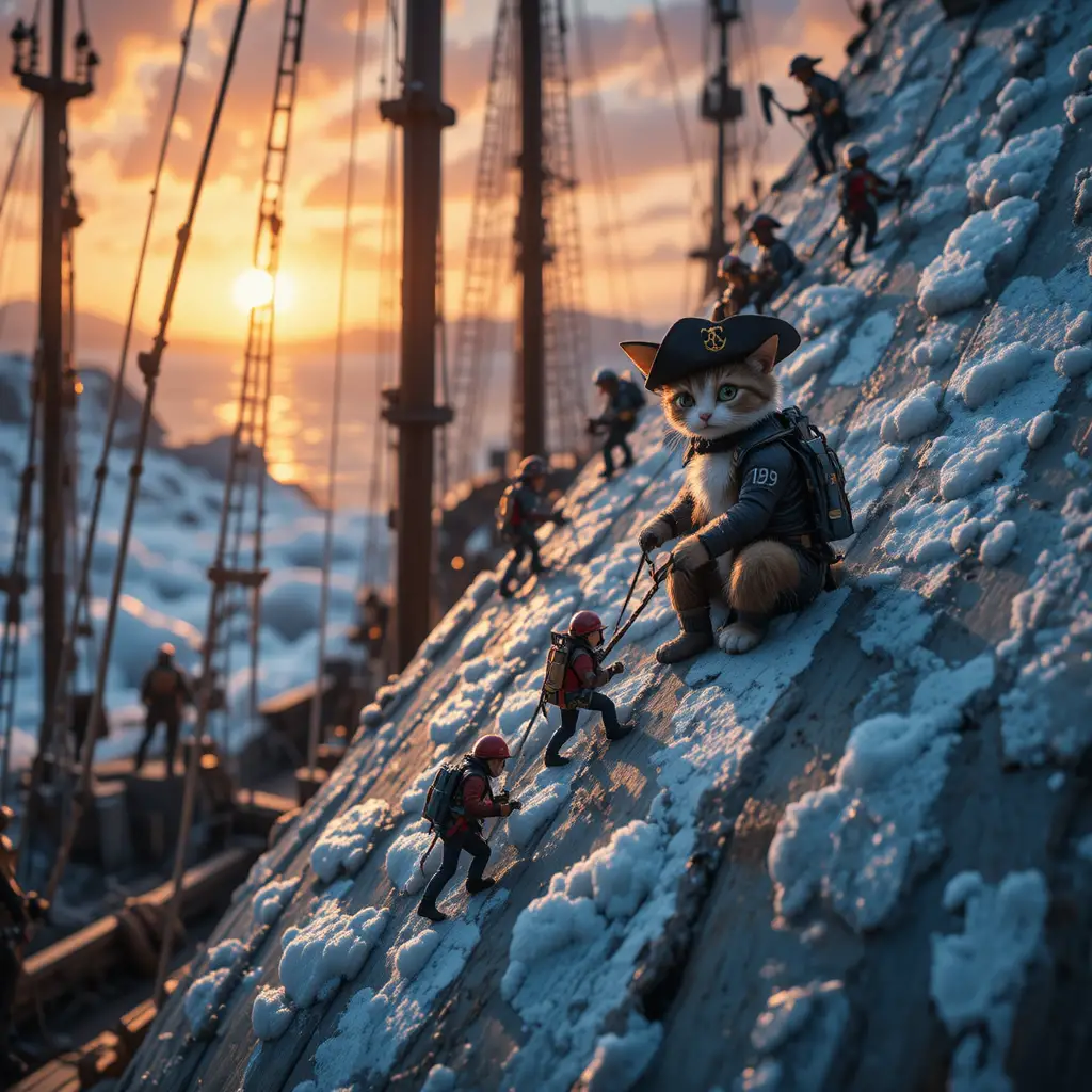 A Goofy Cat Silhouette Perched On An Old Sailing Ship At Sunset