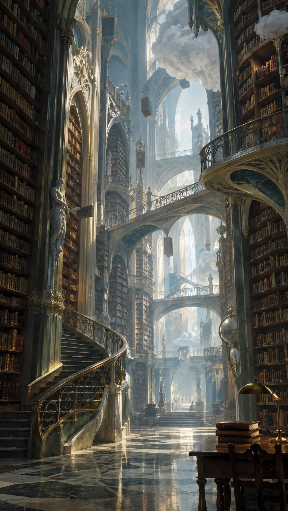 A colossal ancient library with towering shelves of forgotten books