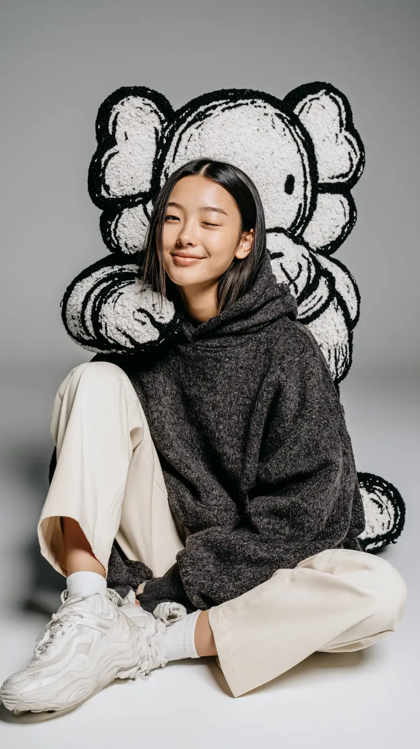 A Young Woman Sits on a Studio Floor in Casual Clothing
