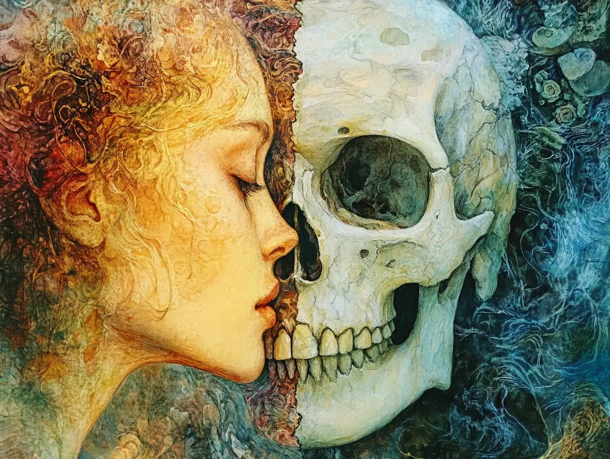 A split portrait brings a human face and skull together in watercolor