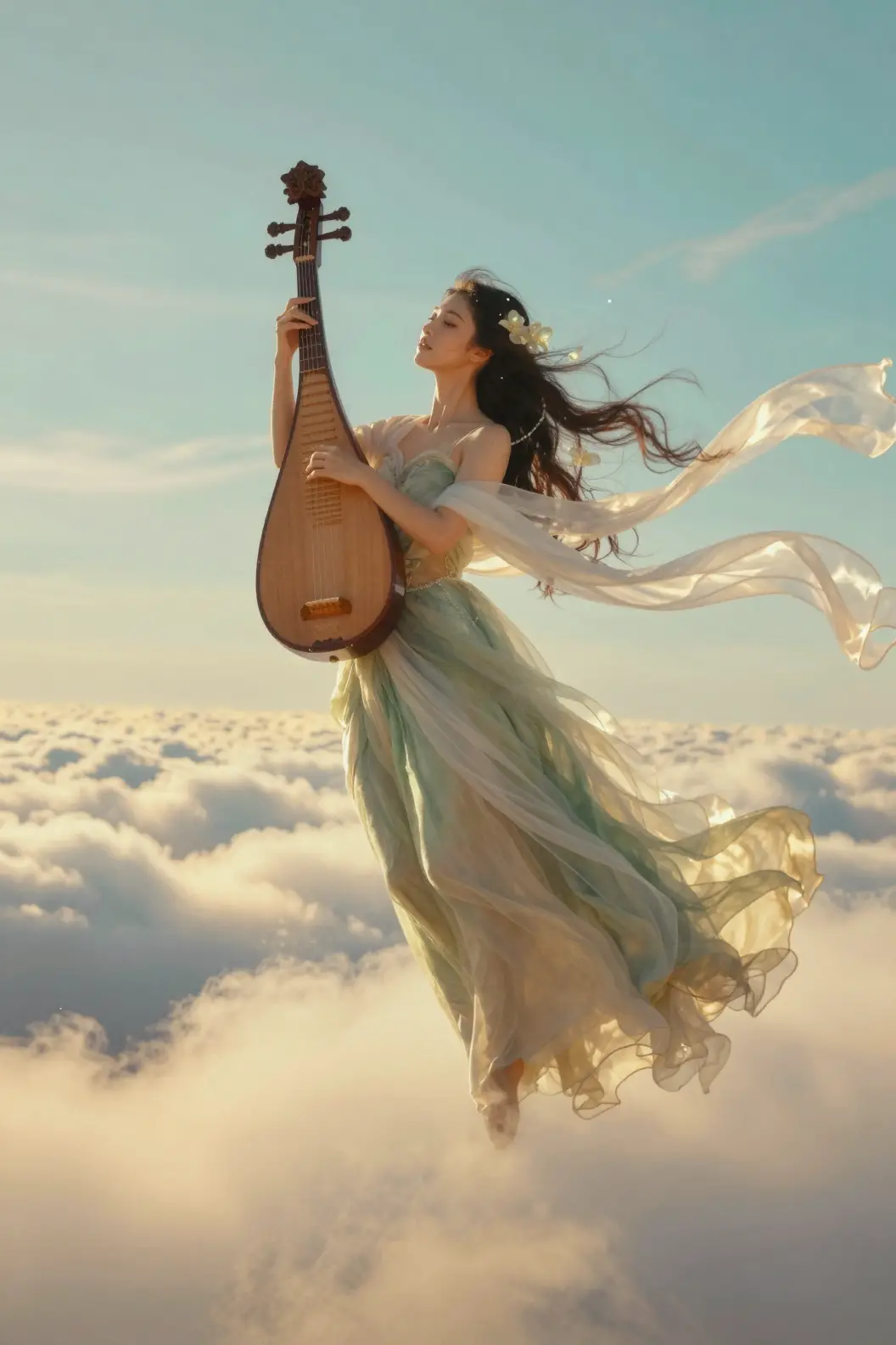 A Celestial Musician Plays Her Lute Above Golden Clouds