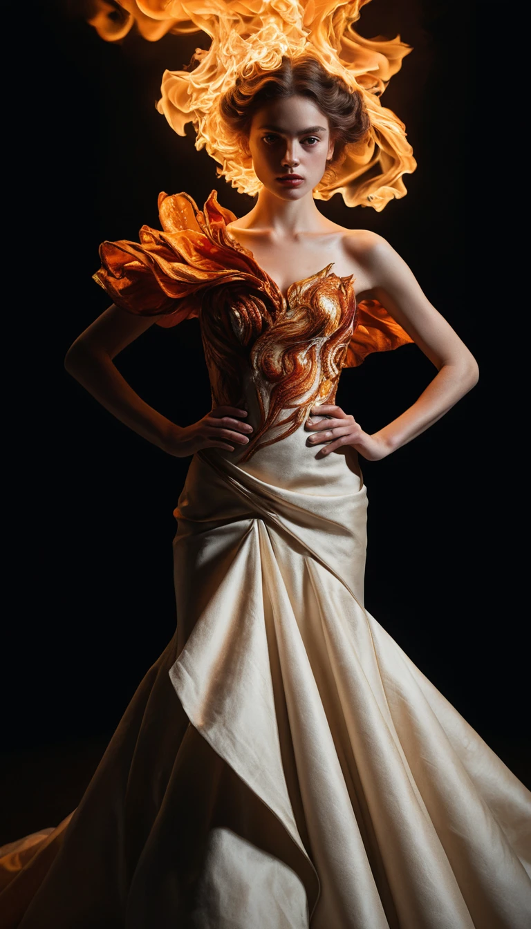 A Woman in a Flowing Gown of Fire Against Blackness