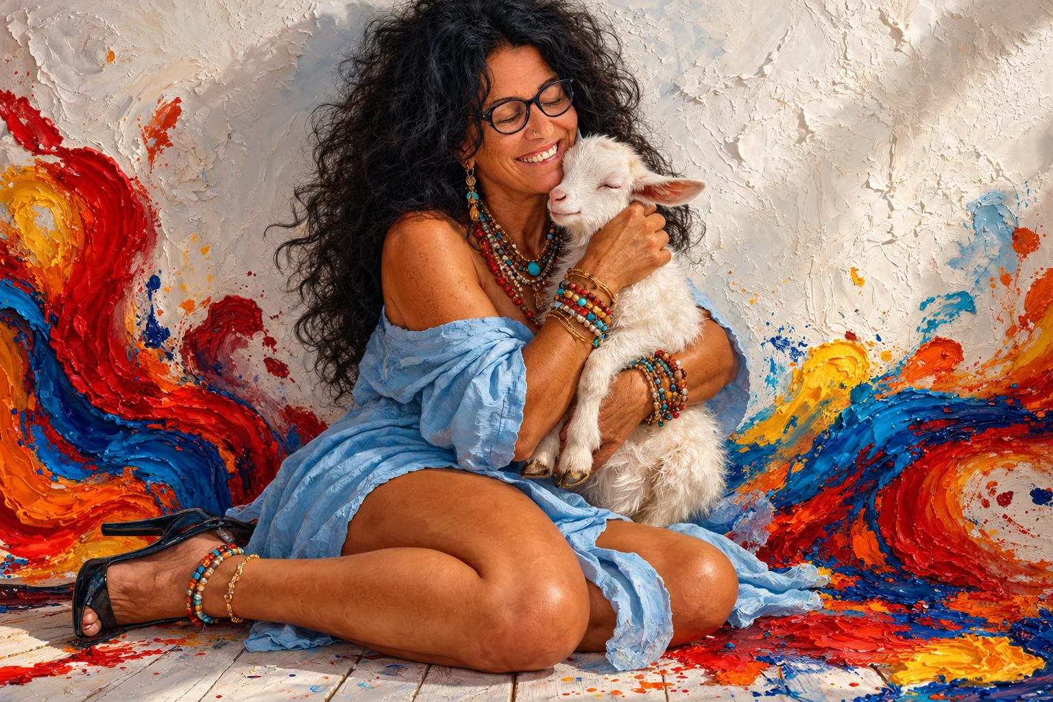 A Young Woman Holds a White Goat Kid While Kneeling Against a Textured Wall