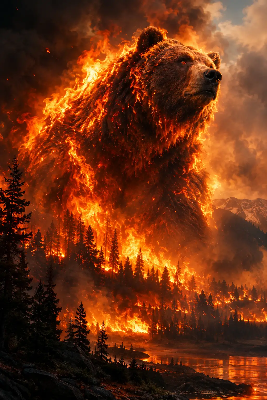 A colossal bear emerges from flames across a forest inferno