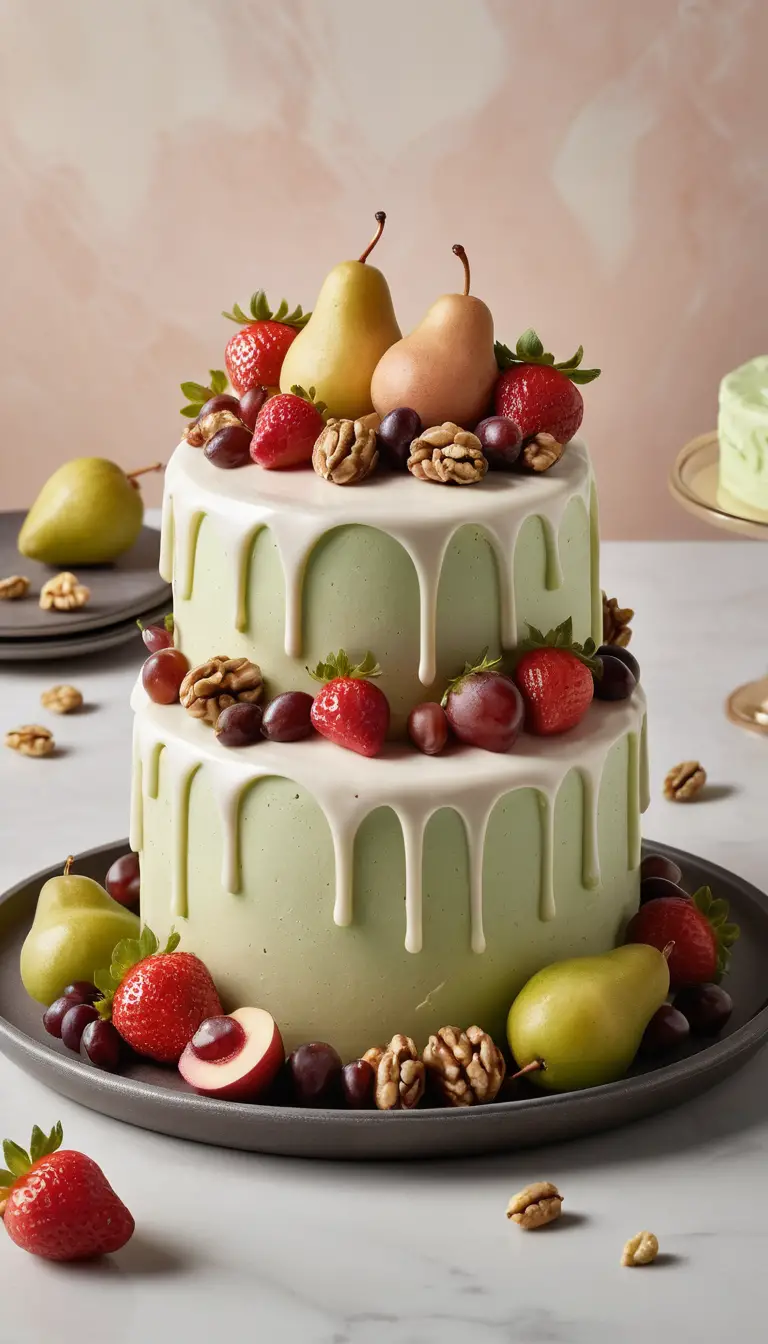 A Layered Ice Cream Cake Decorated With Marzipan Fruit And Meringue ...