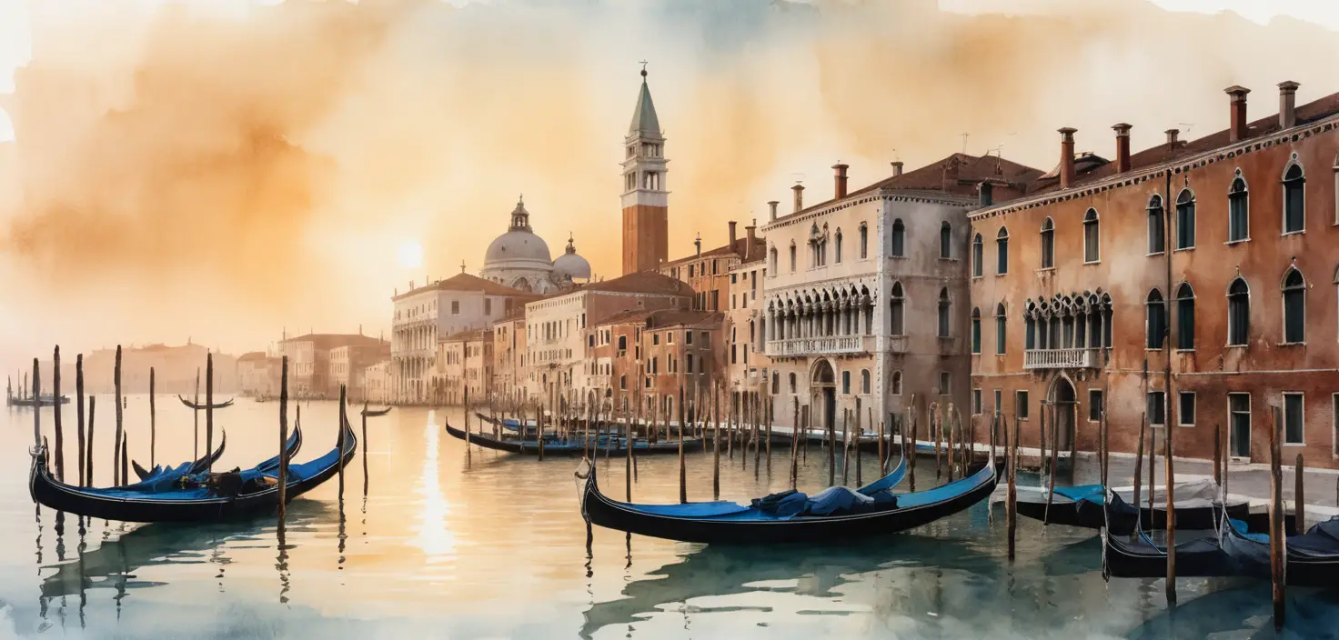 Amanecer en acuarela sobre la laguna de Venecia, con edificios ...