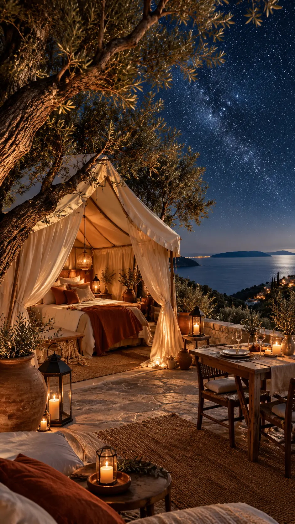 A safari tent beneath ancient olive trees on a Greek hillside - AI Art ...