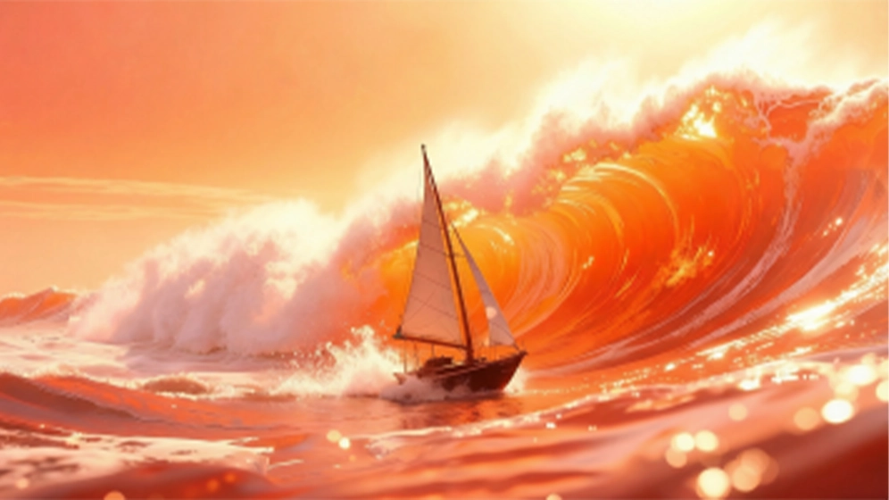 Small sailboat navigating a massive, glowing orange wave at sunset.