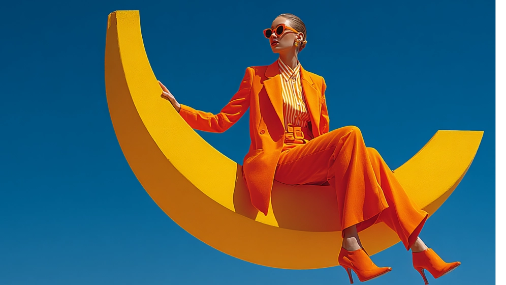 Fashionable woman in an orange suit and sunglasses sitting on a giant yellow crescent moon.