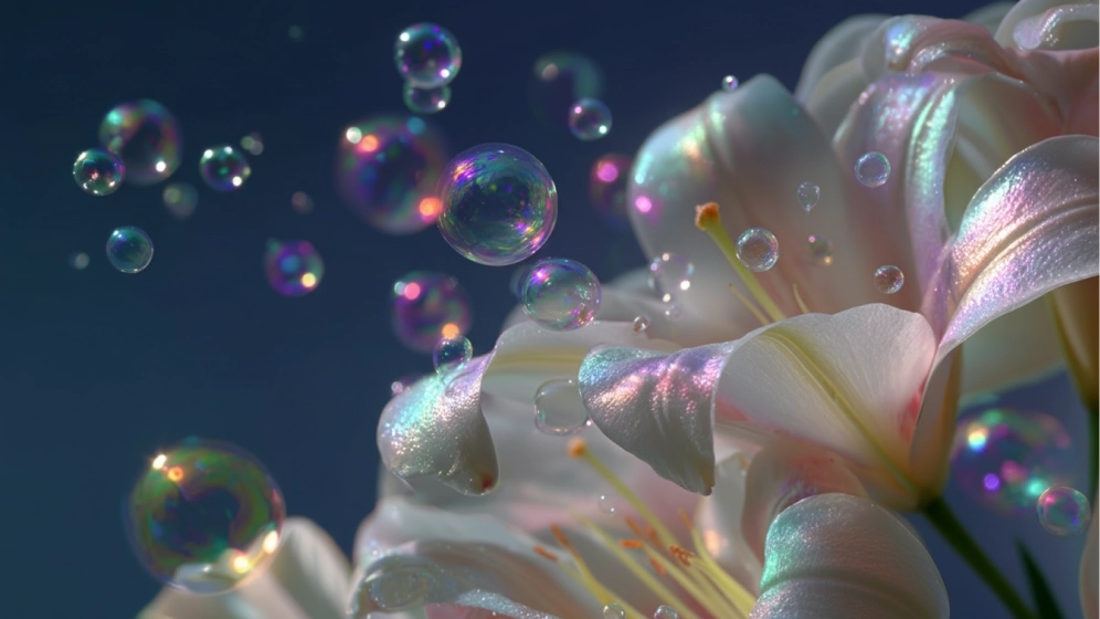 Iridescent white lilies surrounded by floating, colorful soap bubbles on a dark background