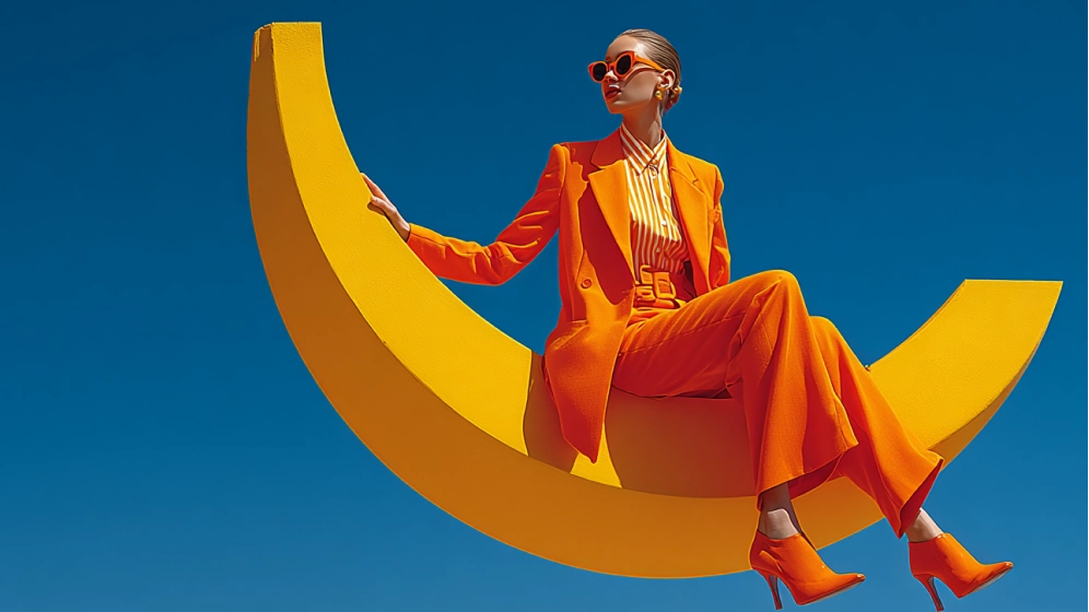 Fashionable woman in an orange suit and sunglasses sitting on a giant yellow crescent moon.