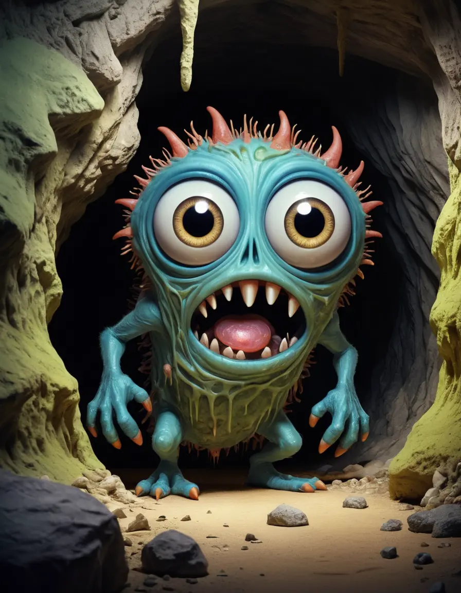 Small one eyed monster trembling inside a dark cave
