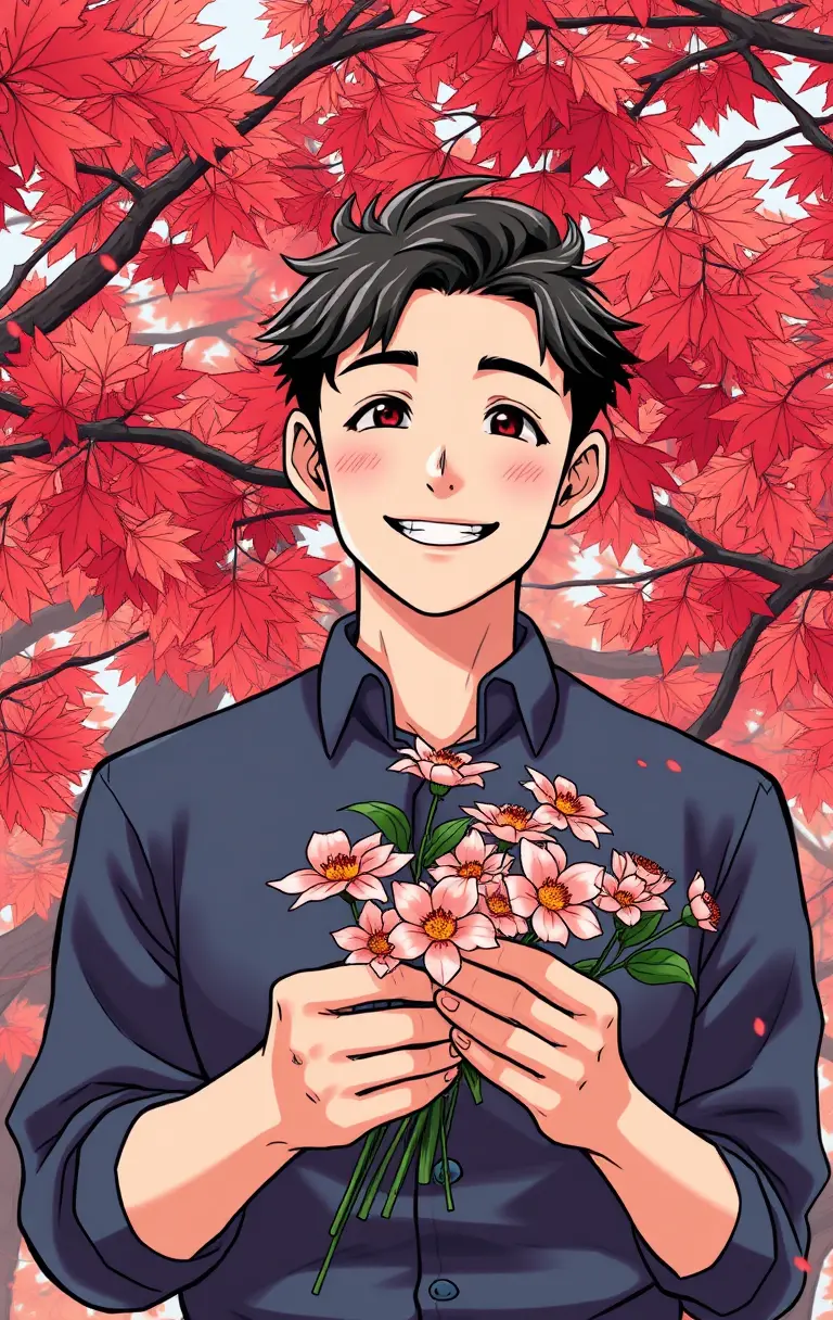 Smiling anime man offering flowers in autumn forest