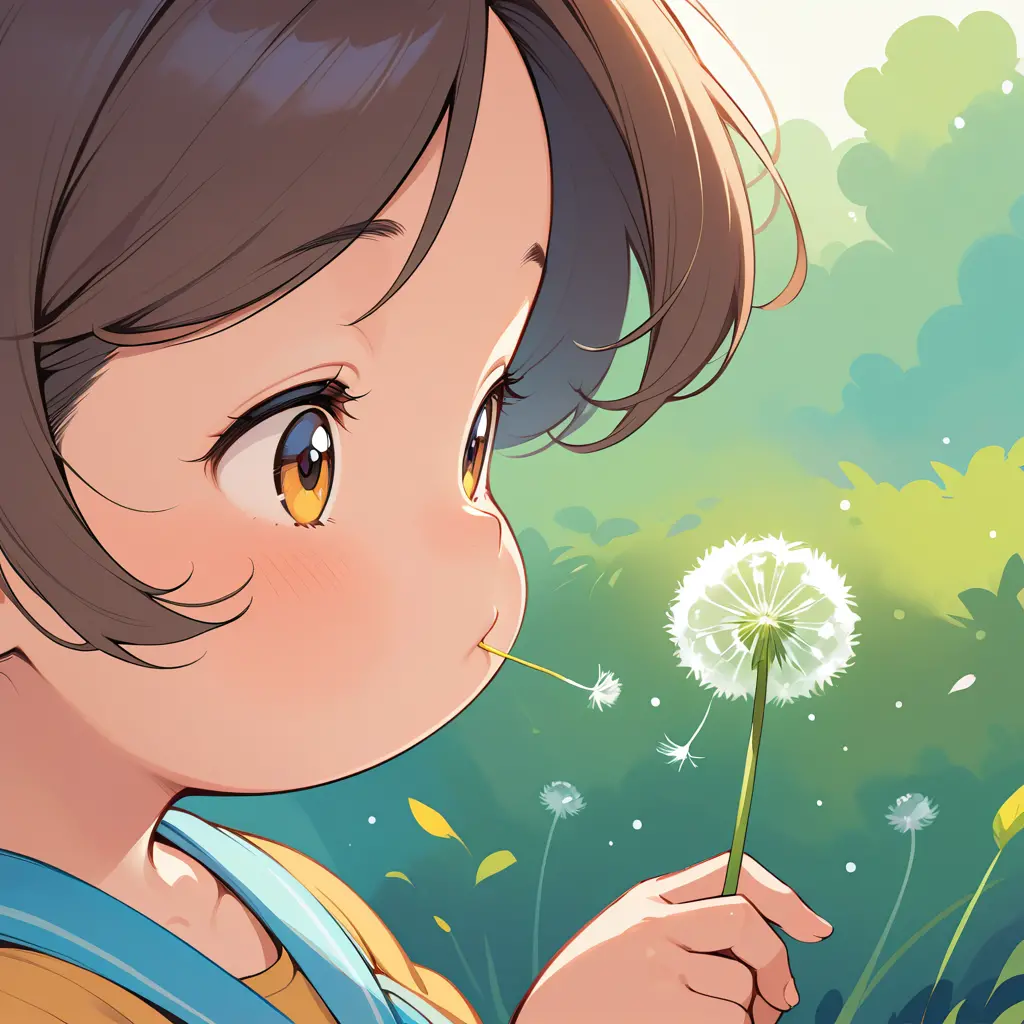 Cute girl blowing a dandelion in close up illustration