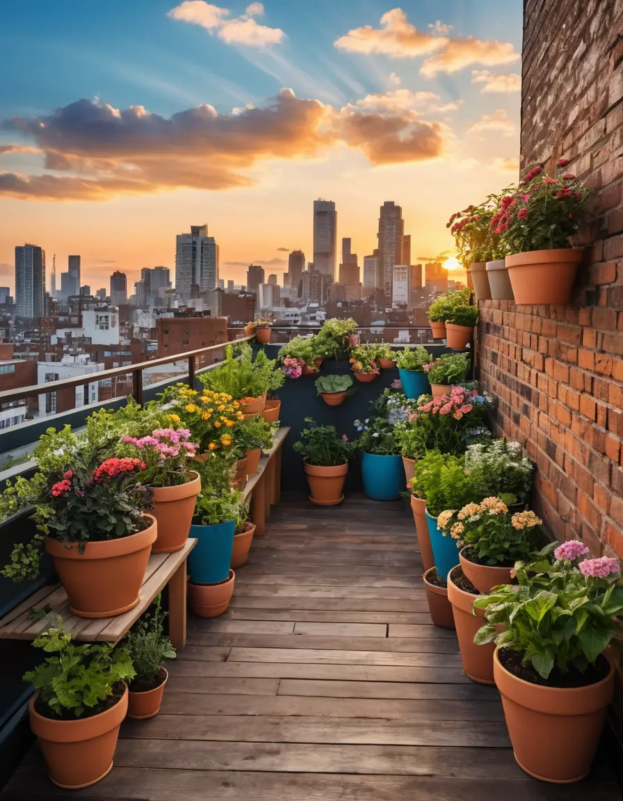 Urban balcony garden with flowers at sunset over city