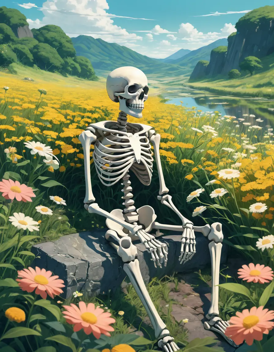 Tired skeleton warrior resting in a peaceful floral field