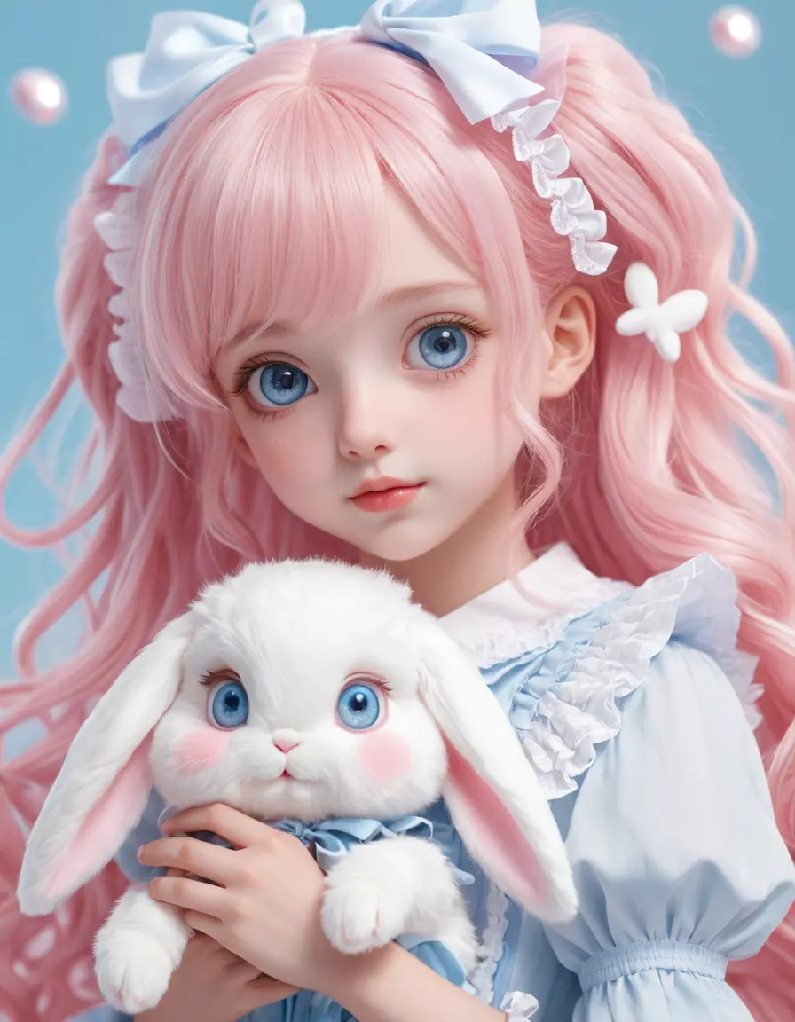 Cute anime girl with pink hair holding white rabbit
