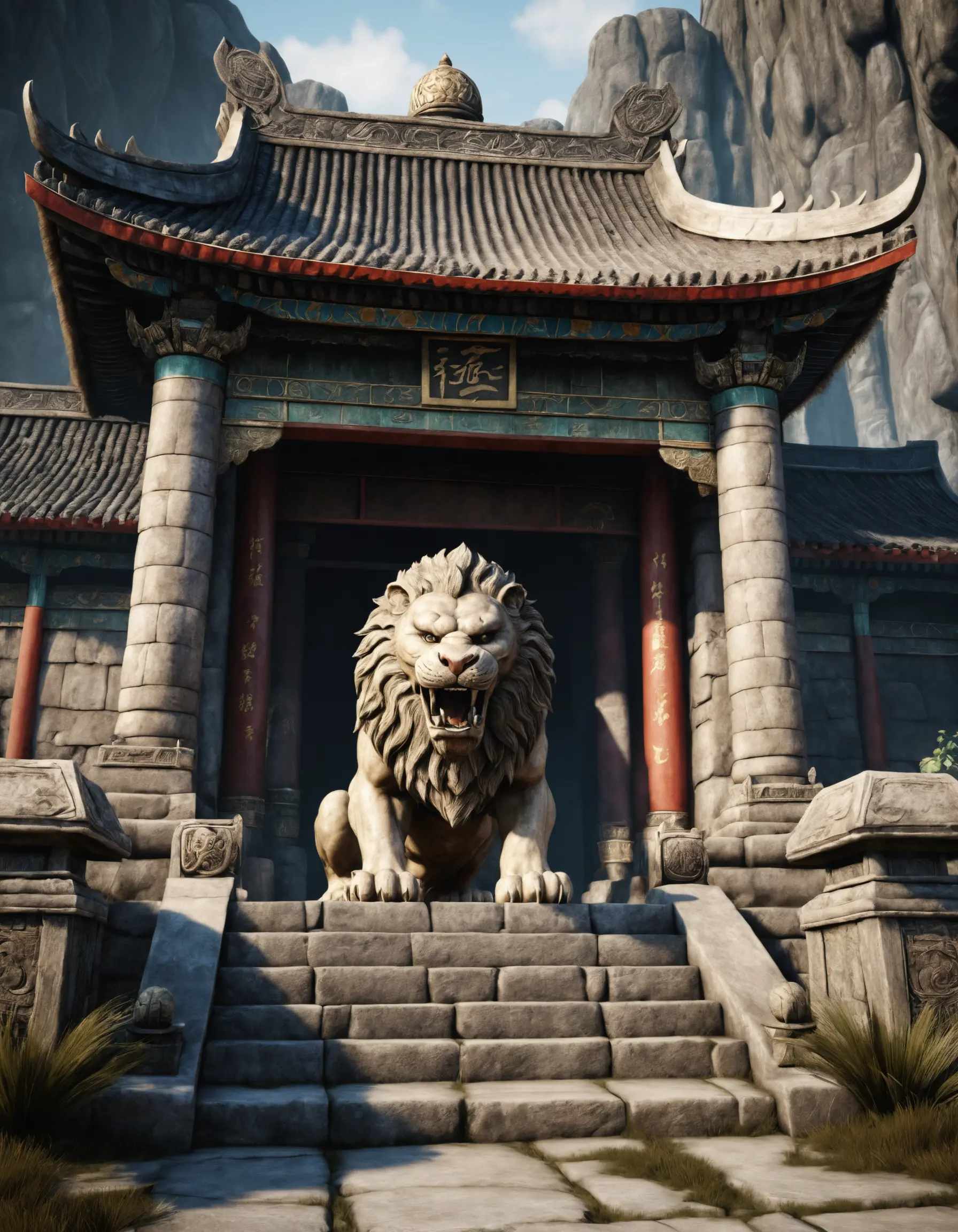 Ferocious stone lion guarding an ancient oriental temple entrance