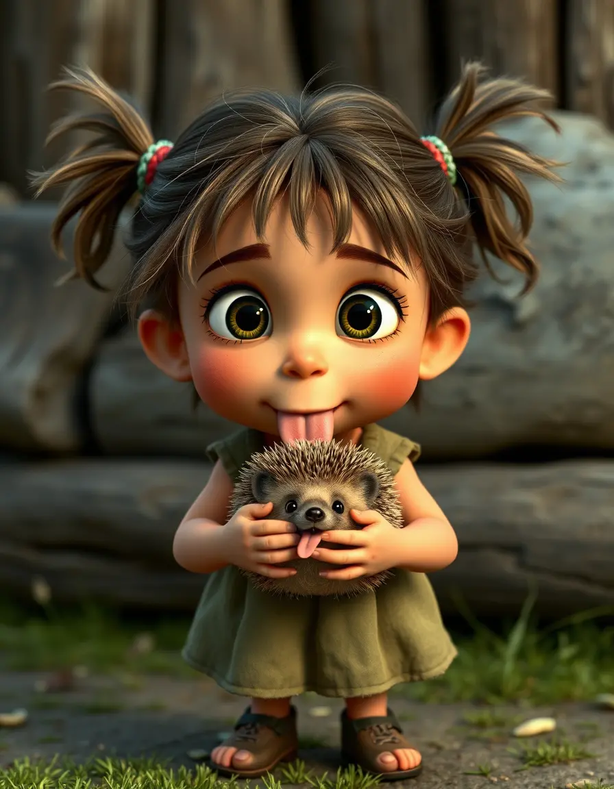 Little girl with pet hedgehog sticking out her tongue