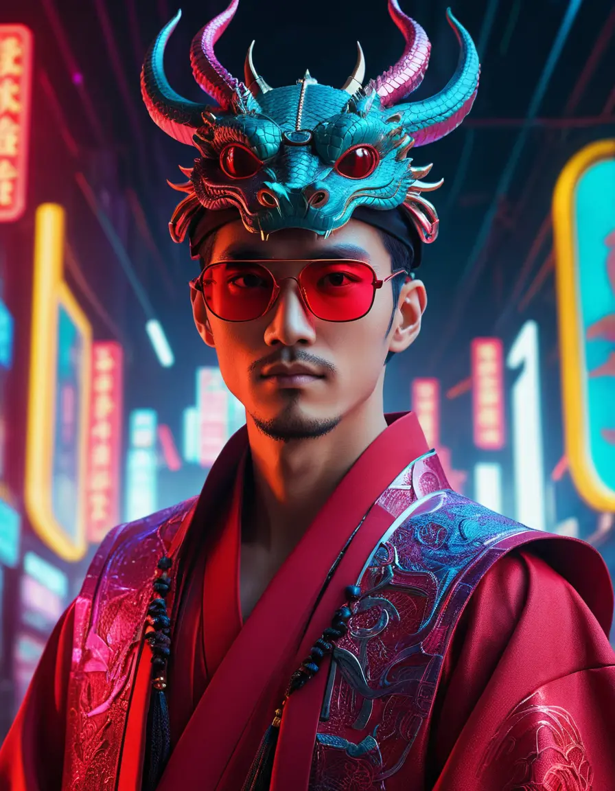Handsome man in red hanfu with cyberpunk neon city