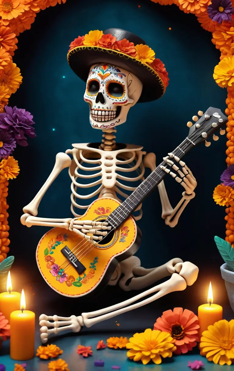 Skeleton musician playing guitar in day of the dead scene