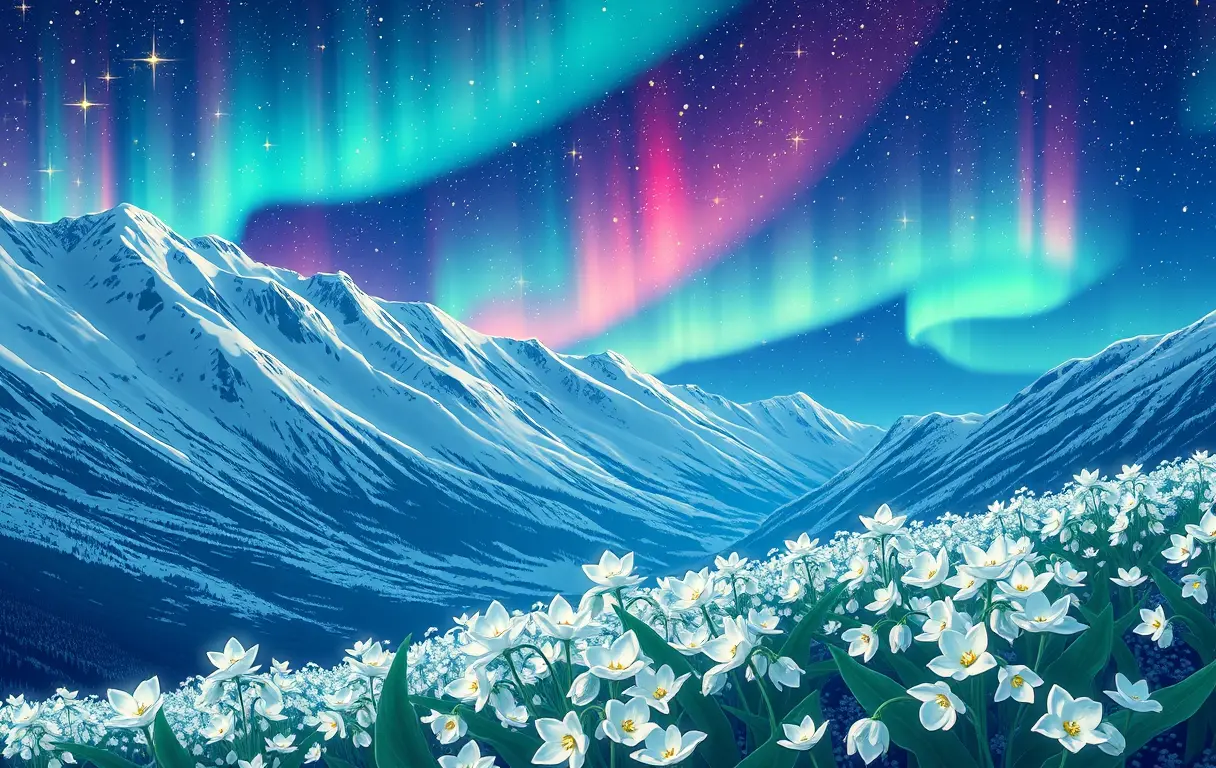 Lily of the valley flowers under aurora lit mountains